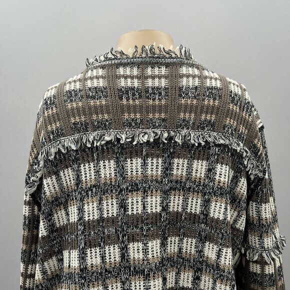Cabi Plaid Fringe Open Classic Cardigan Sweater #4097 Brown Gray Womens M - Picture 4 of 12